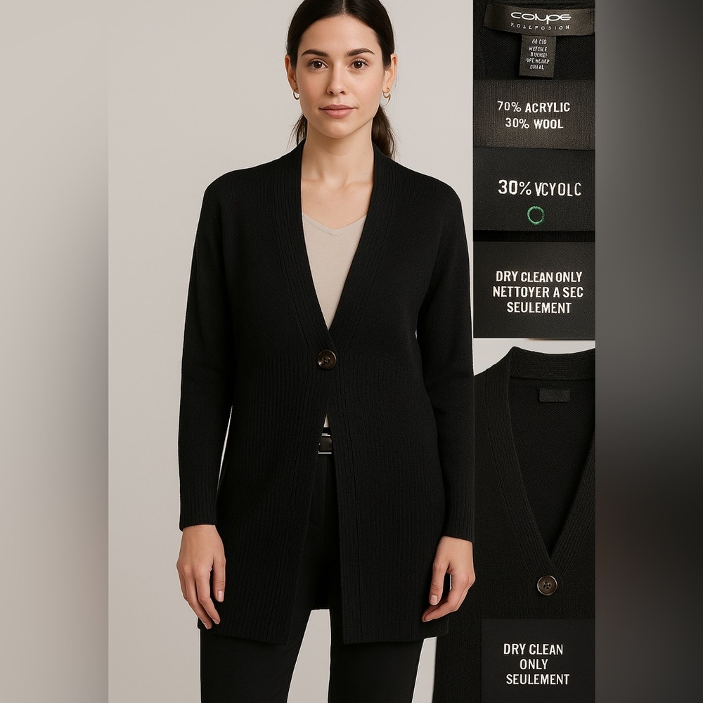 Coupe Collection Black Wool Blend Long Cardigan Sweater XL One Button Front